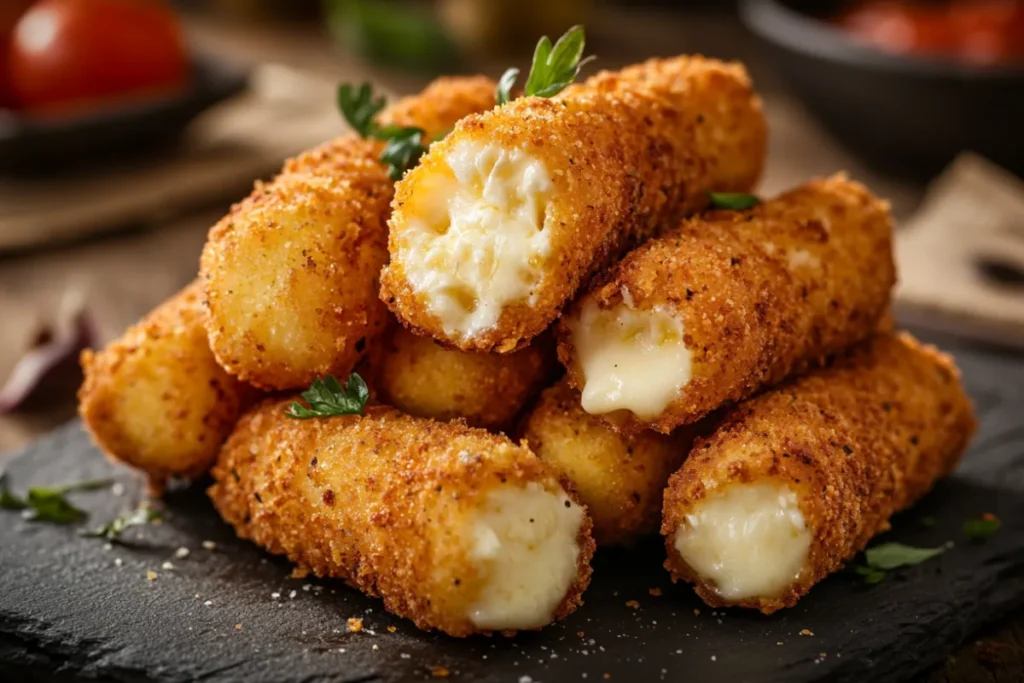 Comparison between cheese curds and mozzarella sticks showing their different shapes, textures, and preparation methods