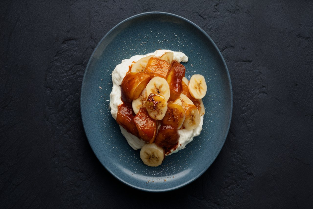 A serving of caramelized bananas, golden brown with a rich caramel glaze, topped with a sprinkle of cinnamon and served with a scoop of vanilla ice cream.