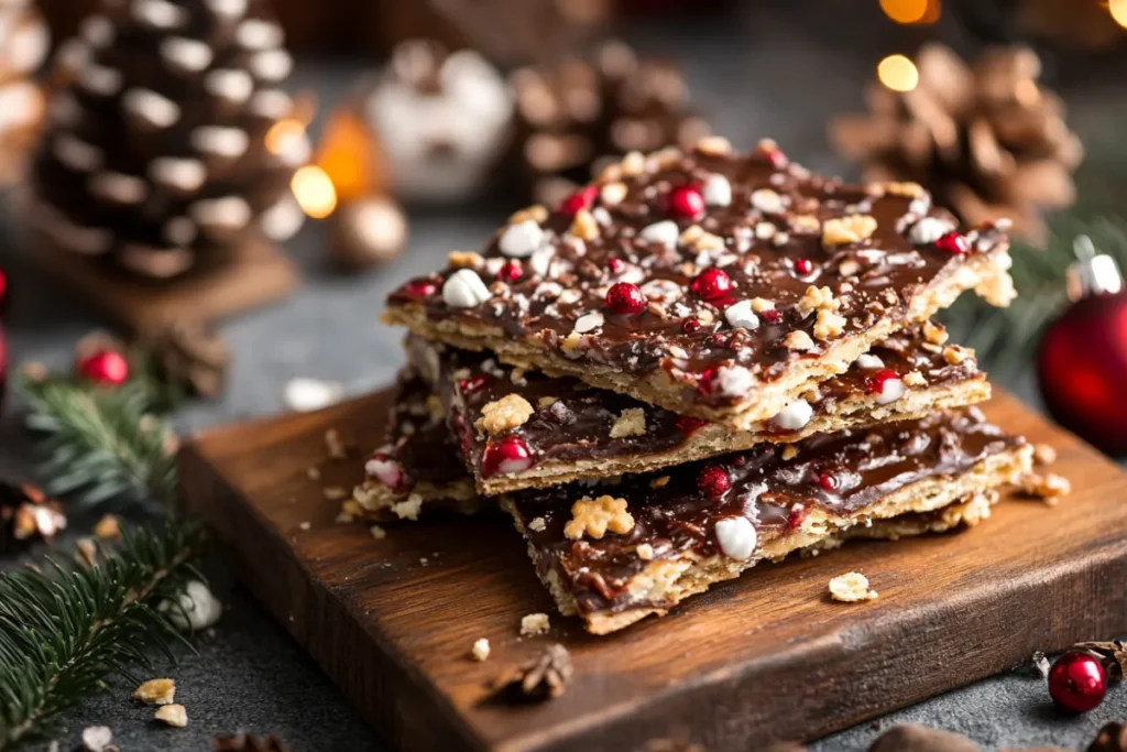 A plate of Christmas Crack with chocolate, toffee, and festive sprinkles, ready to serve for holiday celebrations.