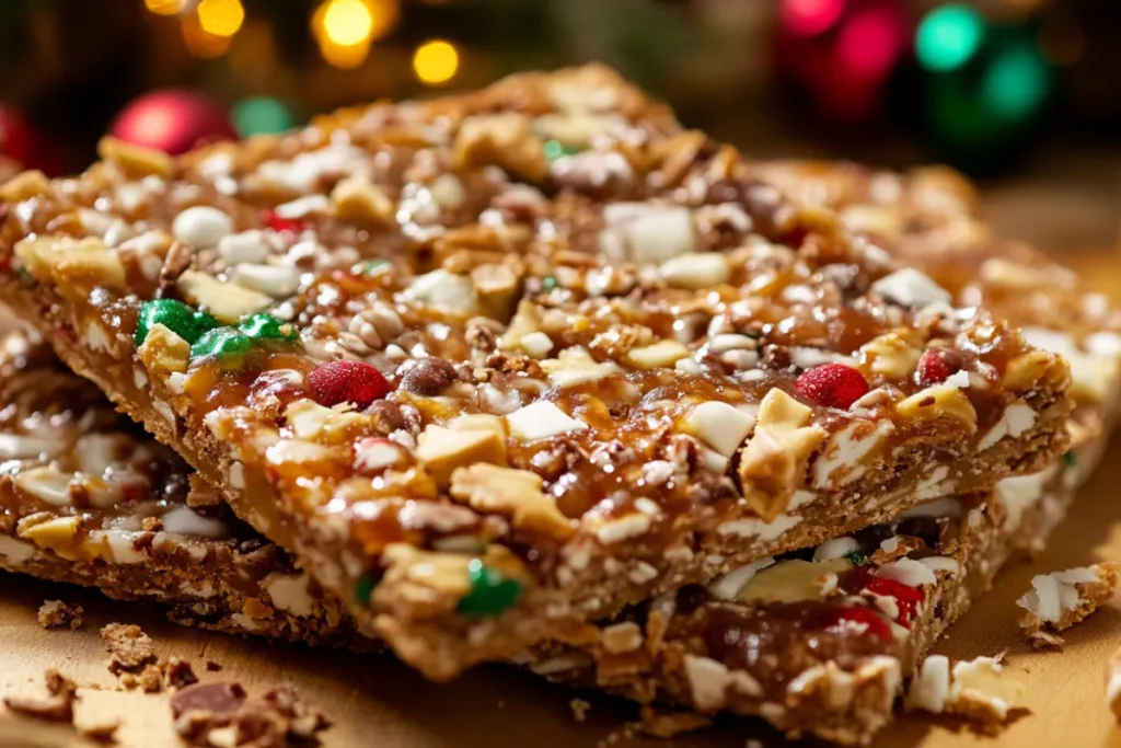 A plate of Christmas Crack with chocolate, toffee, and festive sprinkles, ready to serve for holiday celebrations.