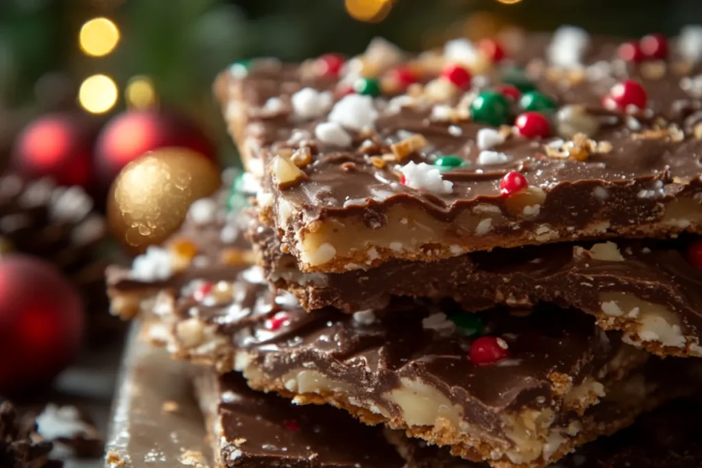 A plate of Christmas Crack with chocolate, toffee, and festive sprinkles, ready to serve for holiday celebrations.