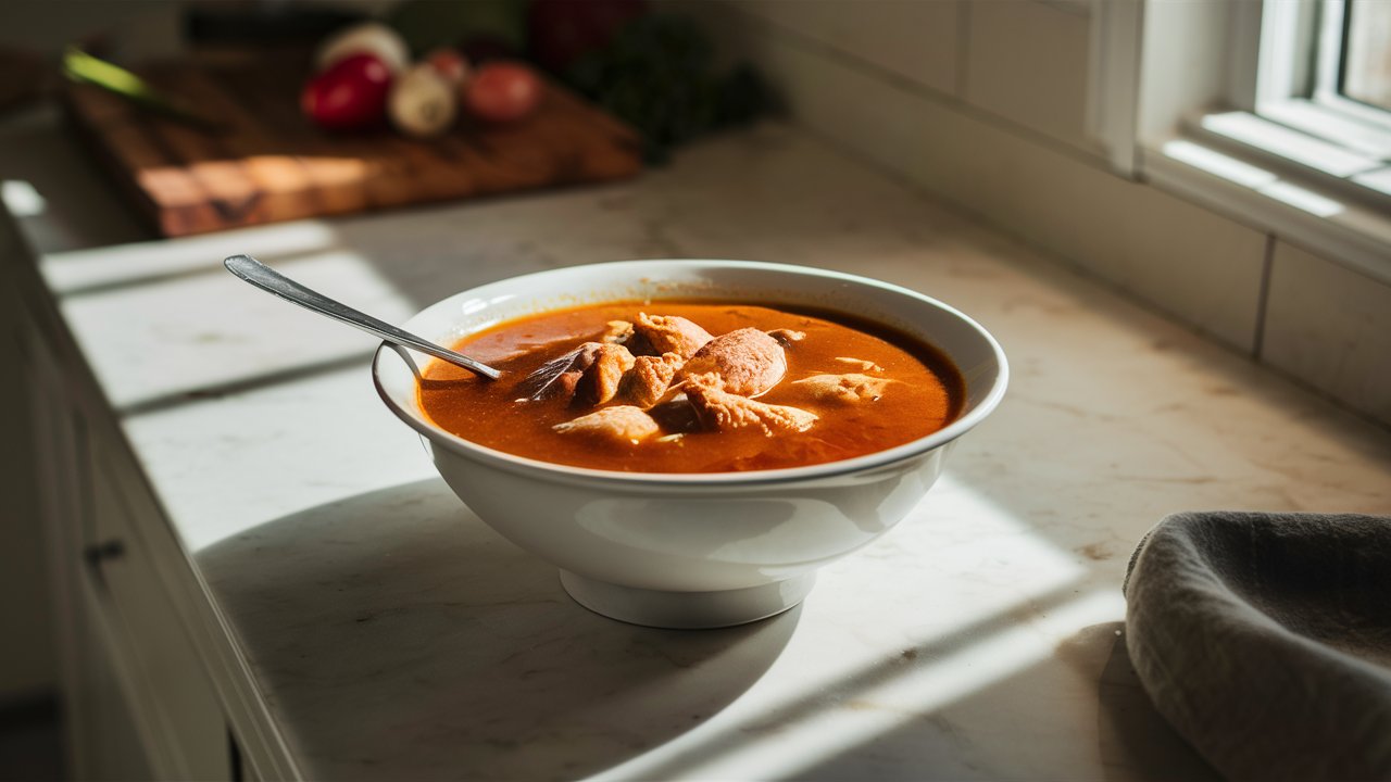 A bowl of thick, creamy condensed chicken soup on a kitchen countertop with a spoon resting in it, surrounded by subtle kitchen elements like a cutting board and vegetables, creating a warm and inviting atmosphere.