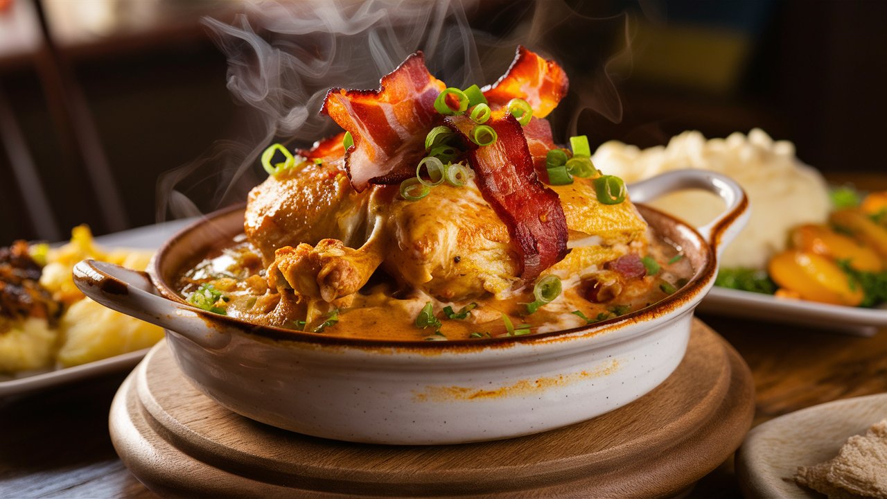 A creamy and cheesy serving of crack chicken topped with crispy bacon and green onions, served in a rustic bowl on a wooden table.