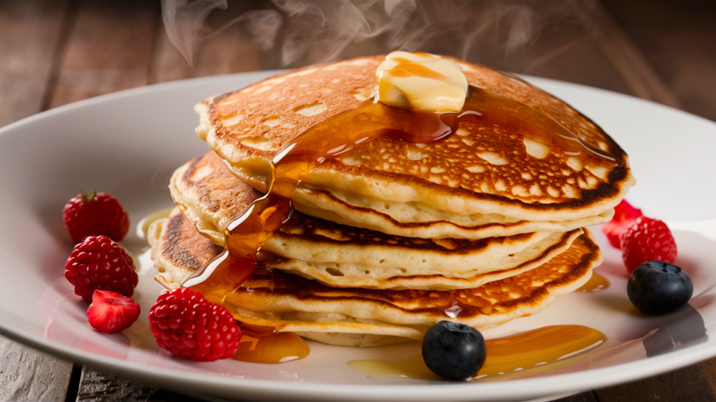 Stack of golden crispy pancakes with butter and maple syrup on top, served on a white plate with fresh berries on the side.