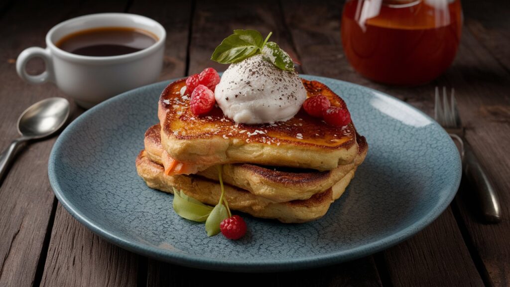 A plate of golden, fluffy French Toast Cloud topped with fresh berries and a dusting of powdered sugar, served with a drizzle of maple syrup.