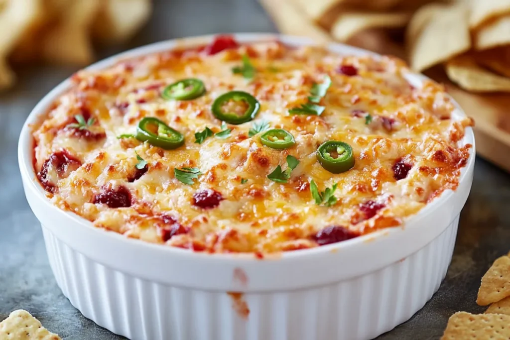 Costco Cranberry Jalapeño Dip in a container with fresh cranberries and jalapeños beside it, highlighting its seasonal appeal.