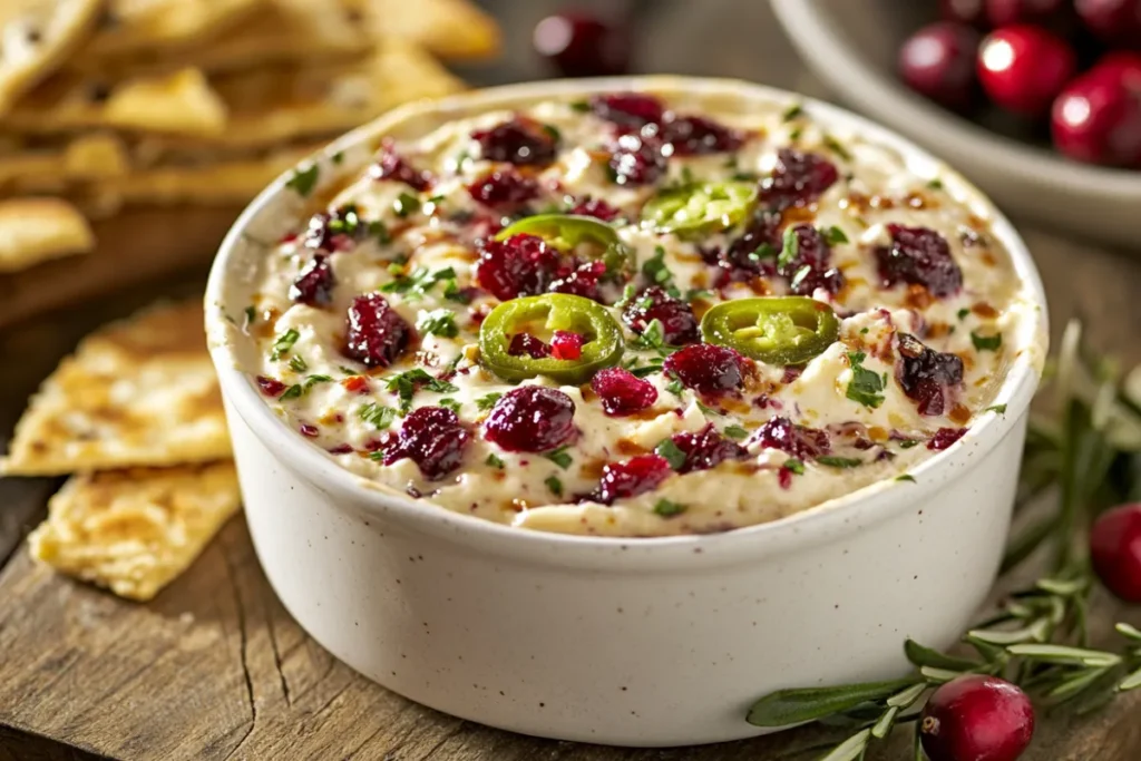 Costco Cranberry Jalapeño Dip in a container with fresh cranberries and jalapeños beside it, highlighting its seasonal appeal.