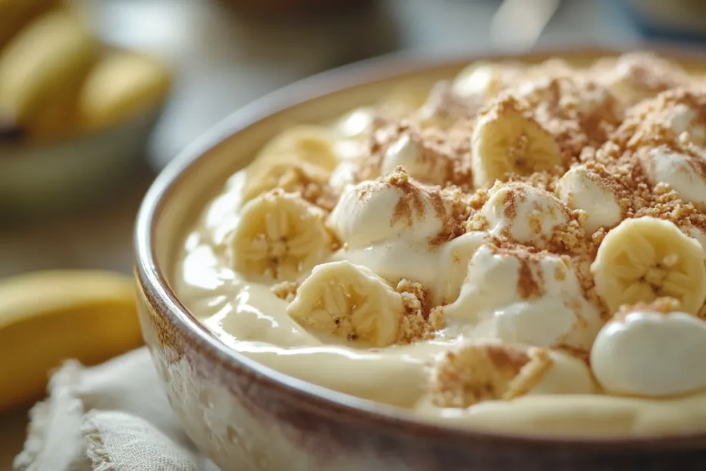 A bowl of banana pudding topped with sliced bananas and vanilla wafers, illustrating a heart-healthy dessert option for high blood pressure.