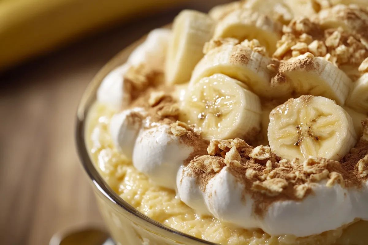 A bowl of banana pudding topped with sliced bananas and vanilla wafers, illustrating a heart-healthy dessert option for high blood pressure.