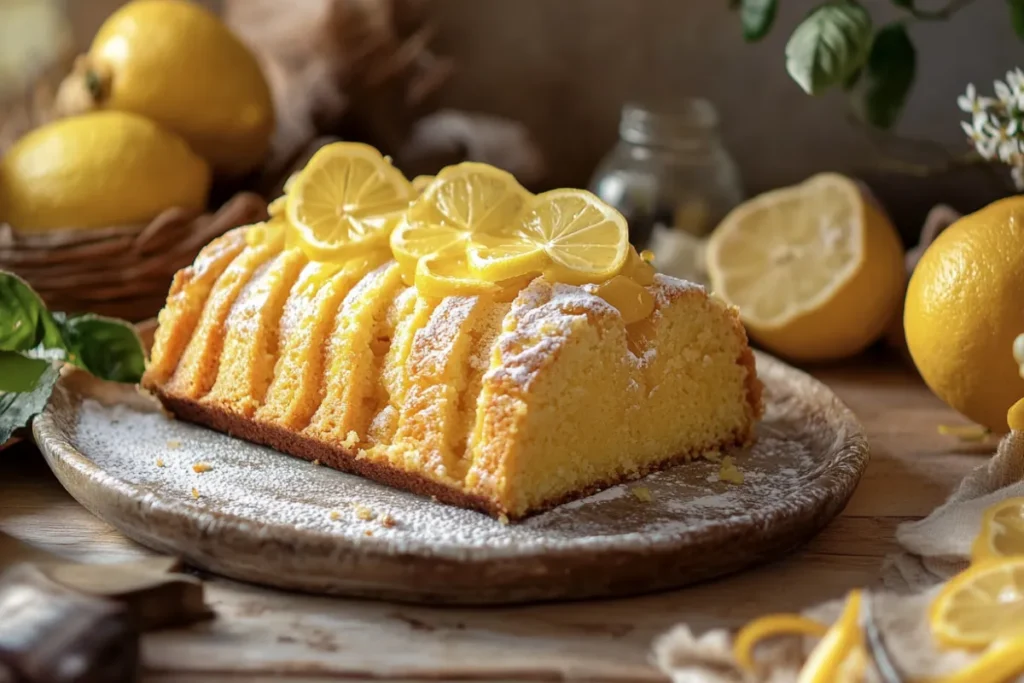 Moist lemon pound cake with a tangy lemon glaze, sliced and served on a white plate