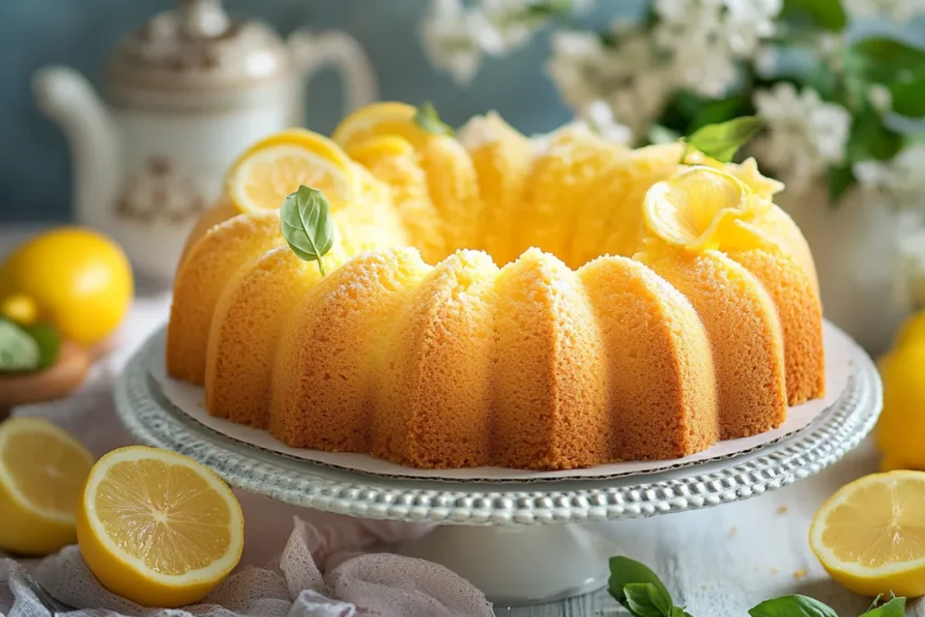 Moist lemon pound cake with a tangy lemon glaze, sliced and served on a white plate