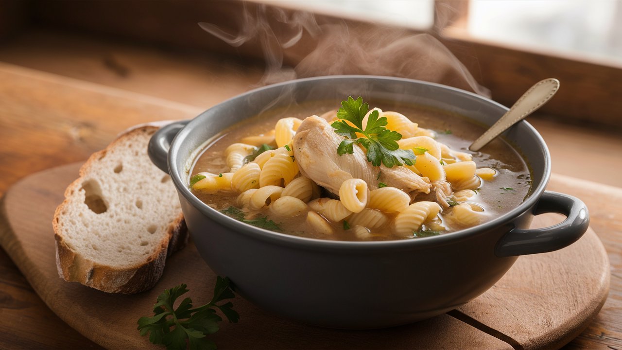 Steaming bowl of chicken soup with pasta, garnished with fresh parsley, served on a rustic wooden table with a slice of crusty bread.