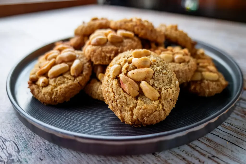 Close-up view of freshly baked peanut butter thumbprint cookies filled with rich chocolate, elegantly arranged on a rustic wooden table.