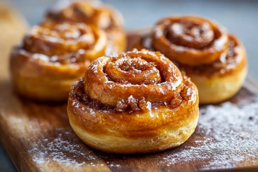 Freshly baked sourdough cinnamon rolls topped with creamy frosting, served on a rustic wooden table.