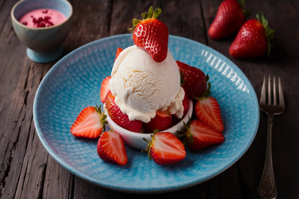 A bowl of strawberry shortcake ice cream with fresh strawberries and shortcake crumbles on top.