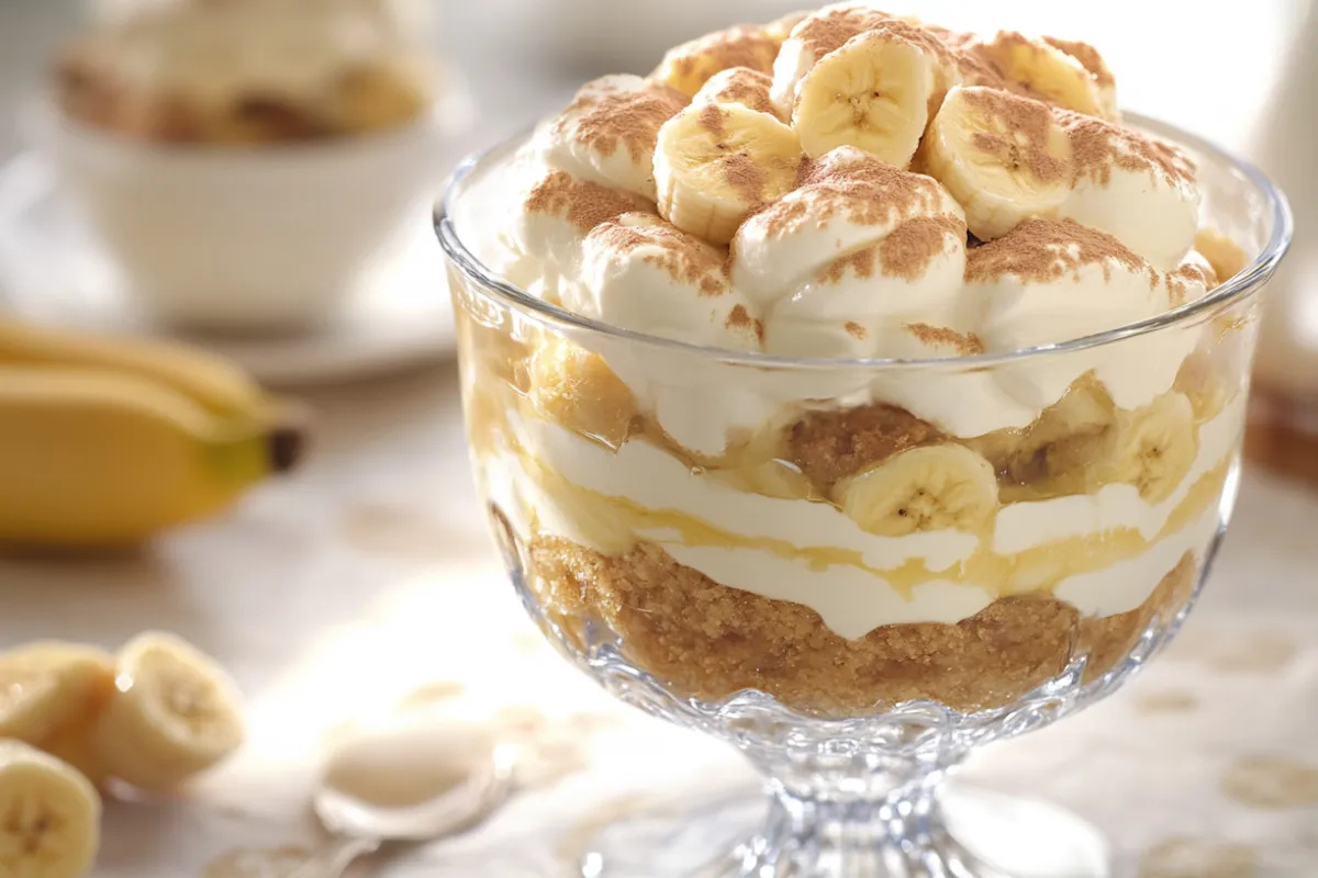 Ingredients for Patti LaBelle’s banana pudding recipe, featuring ripe bananas, vanilla wafers, and creamy pudding in a layered dessert.