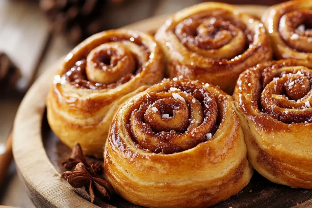 Flat, dense sourdough cinnamon rolls on a baking tray, highlighting issues with dough rising