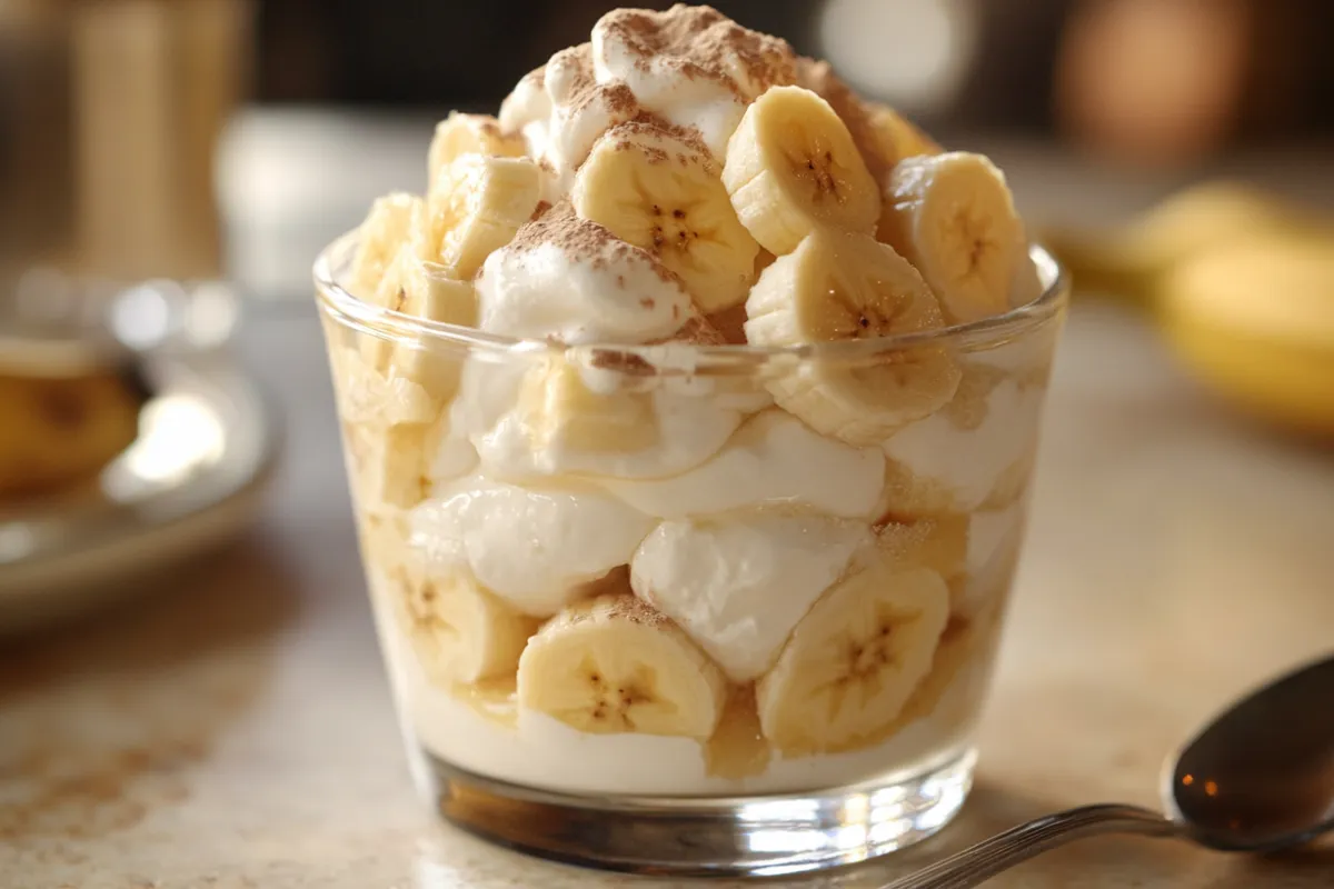 Close-up of Magnolia Bakery’s famous banana pudding, featuring layers of fresh bananas, creamy vanilla pudding, and Nilla wafers.