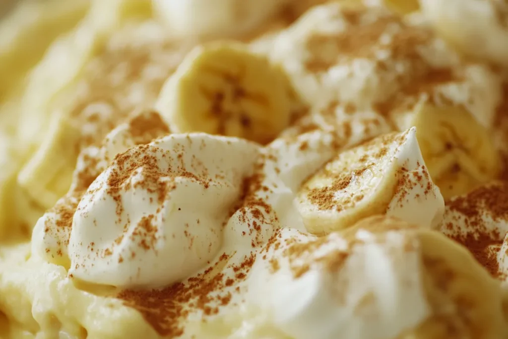 Close-up of Magnolia Bakery’s famous banana pudding, featuring layers of fresh bananas, creamy vanilla pudding, and Nilla wafers.