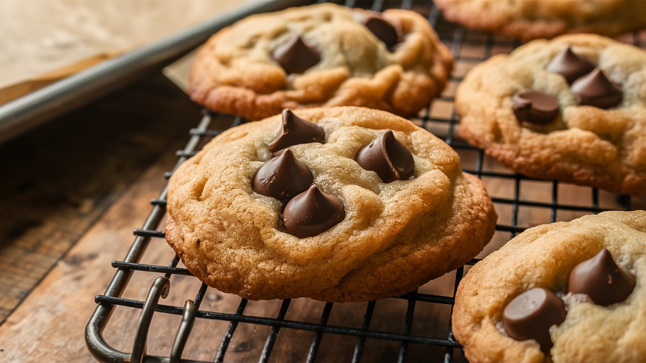 Freshly baked chocolate chip cookies cooling on a rack with melted chocolate chips and a rustic kitchen background.