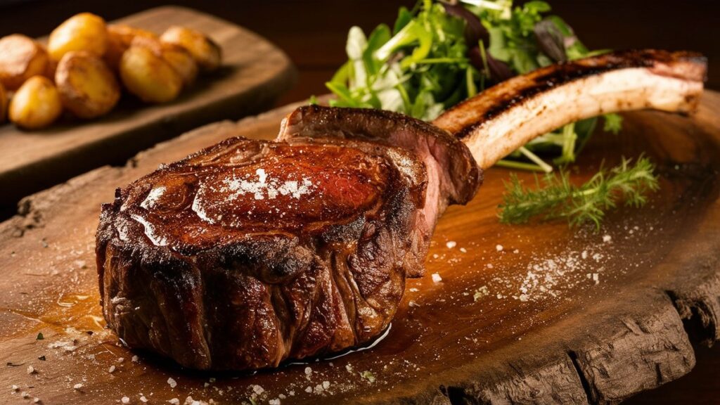 A close-up of a perfectly cooked tomahawk steak with a large bone intact, showcasing a rich sear, beautiful marbling, and a pink, juicy interior. The steak is sliced into thick pieces, placed on a simple background to emphasize the meat's texture and quality.