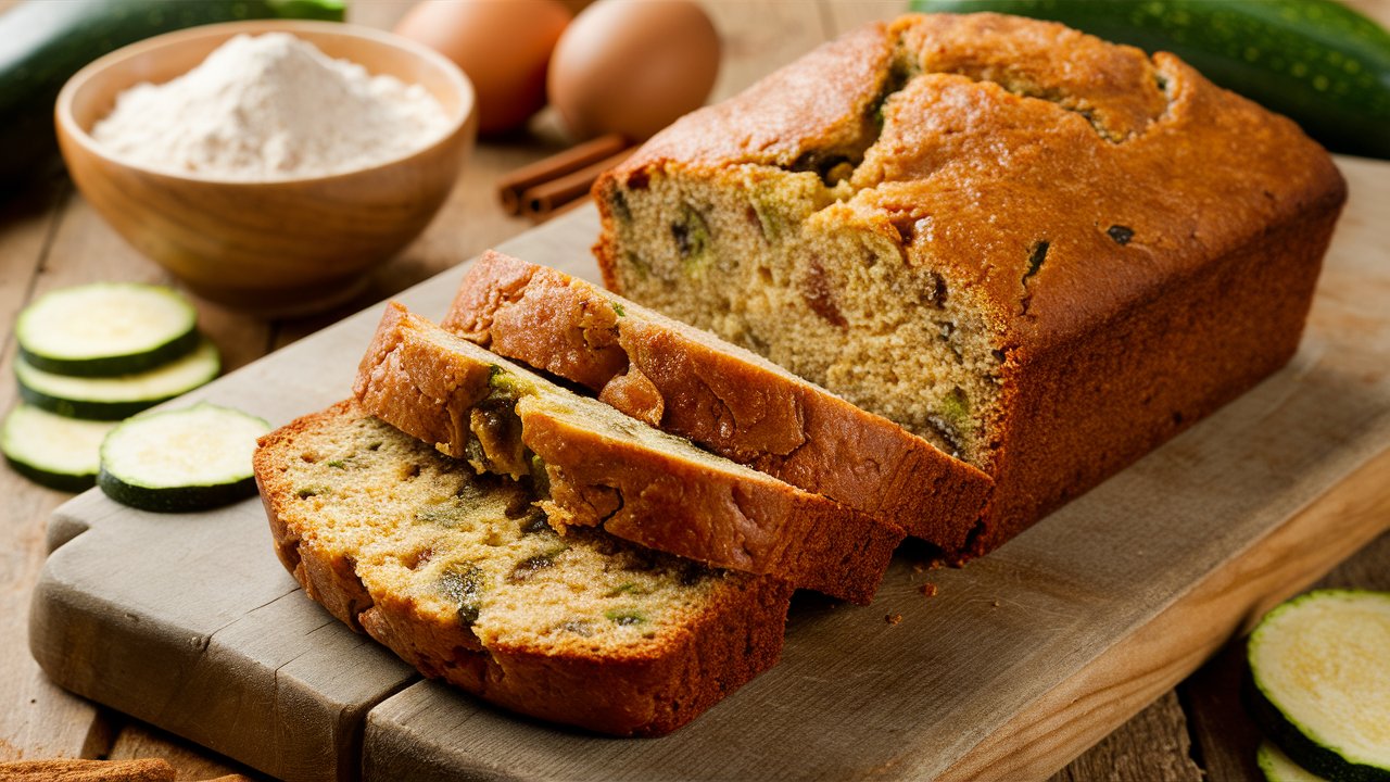 Why does my zucchini bread taste bad? Freshly baked zucchini bread sliced on a wooden cutting board, showing a moist crumb with zucchini flecks, surrounded by baking ingredients.