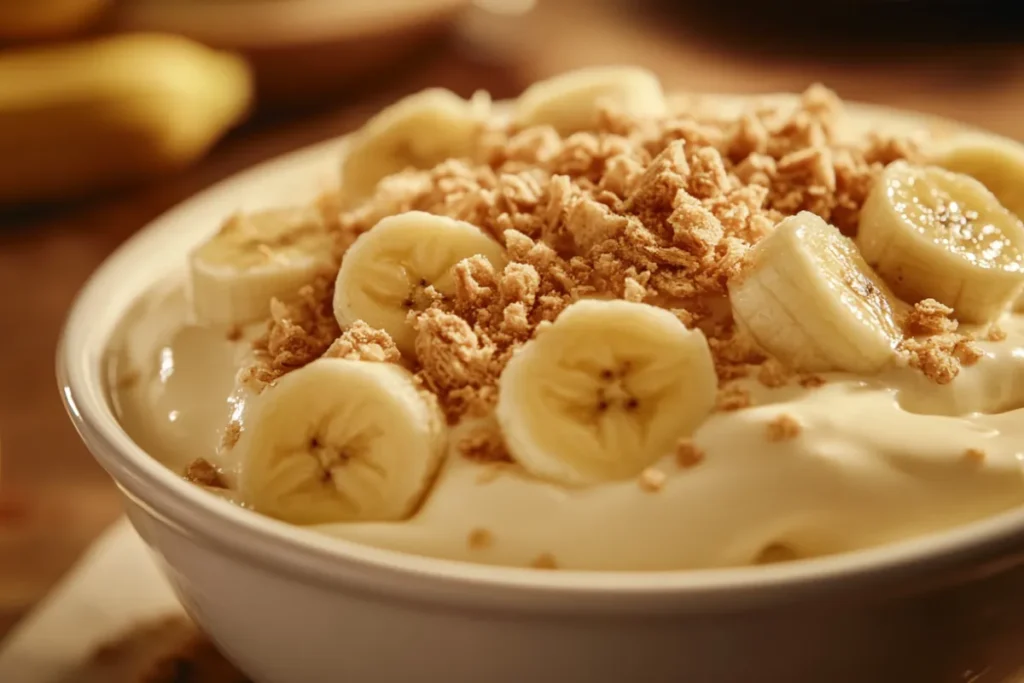 Classic homemade banana pudding with layers of vanilla custard, ripe bananas, and Nilla wafers.