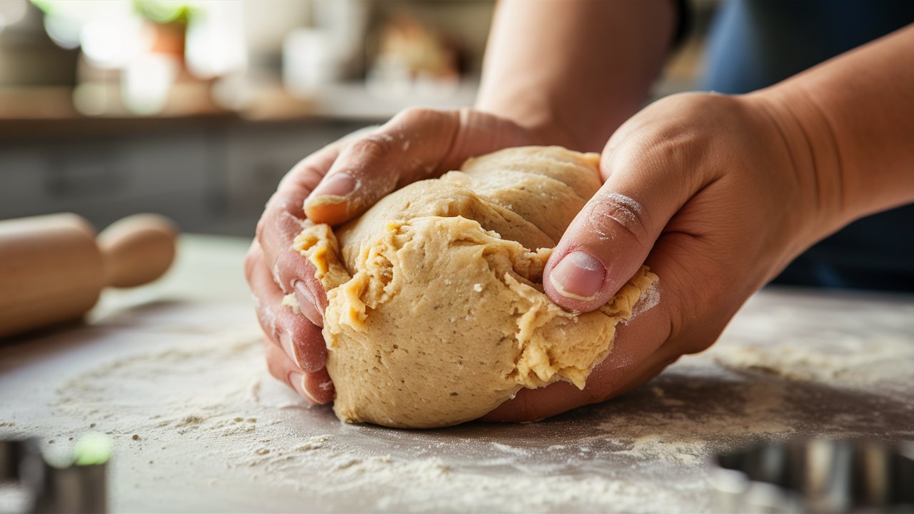 Close-up of cookie dough being gently kneaded by hand on a floured surface in a cozy kitchen. Can you over knead cookie dough?