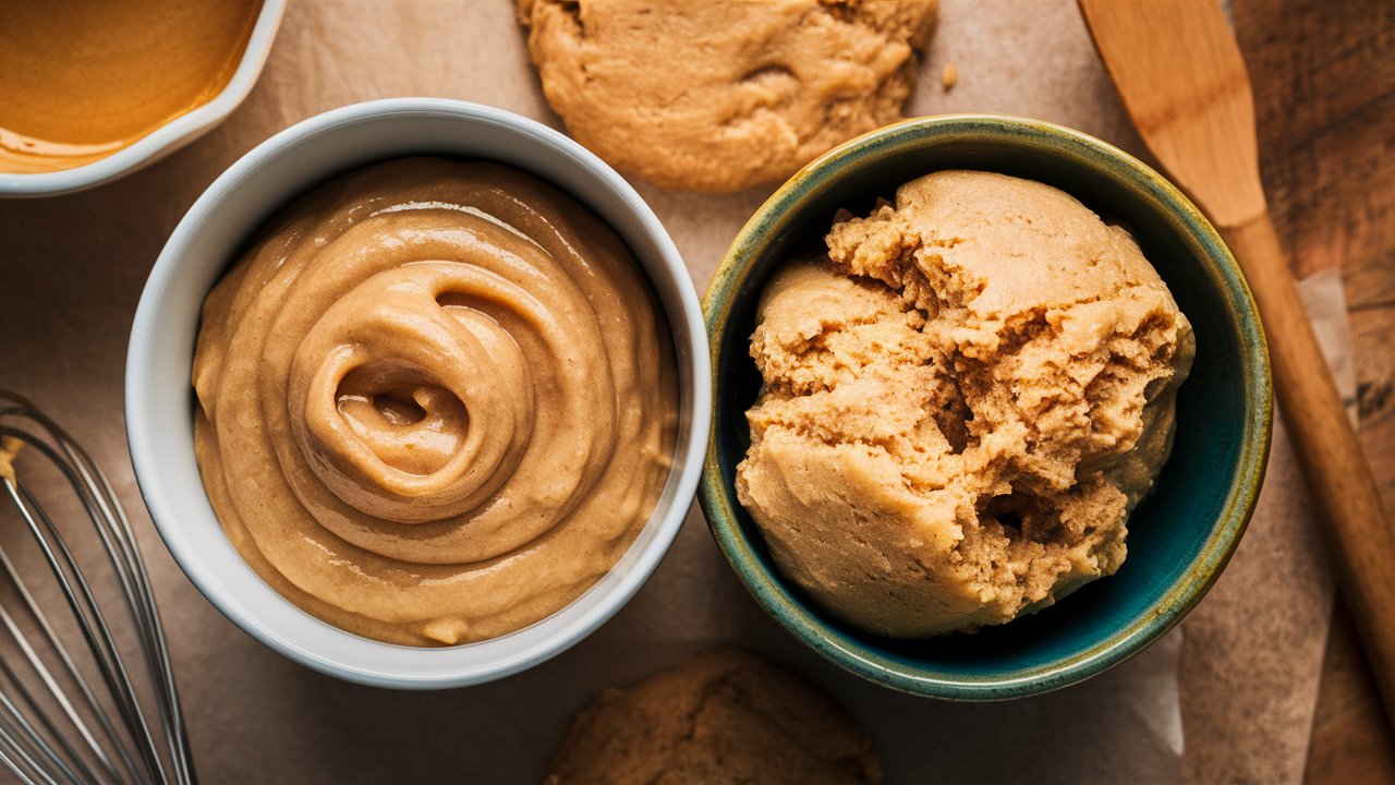 Side-by-side comparison of cookie batter and cookie dough in bowls, highlighting the smooth, runny texture of the batter and the thick, moldable consistency of the dough