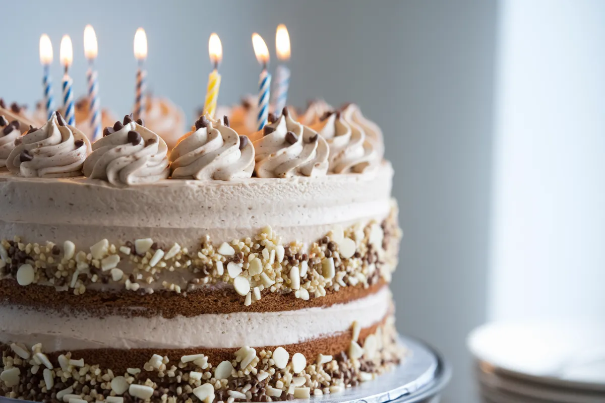 Close-up of a beautifully decorated birthday cake with colorful candles, frosting, and sprinkles, perfect for a birthday celebration.