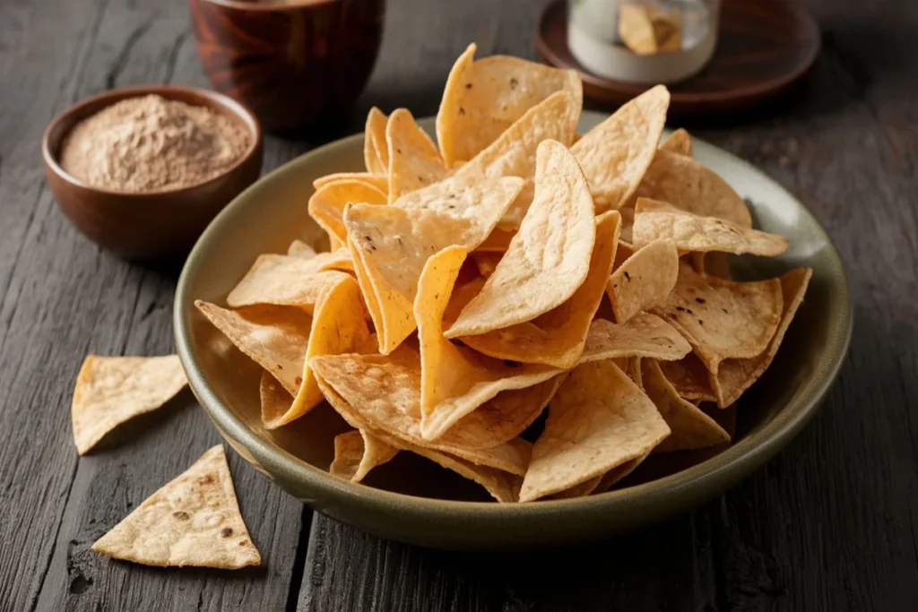 A plate of golden, crispy flour tortilla chips served with a side of fresh salsa and guacamole, garnished with lime wedges.