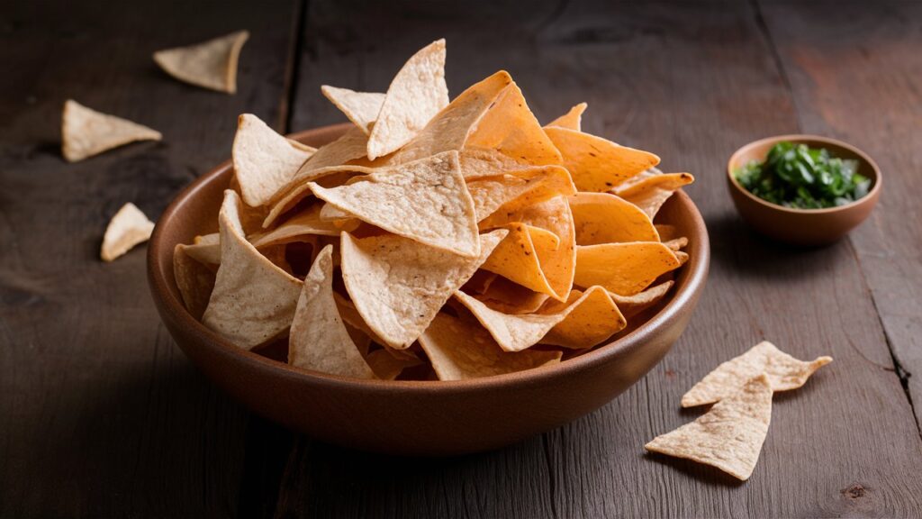 A plate of golden, crispy flour tortilla chips served with a side of fresh salsa and guacamole, garnished with lime wedges.