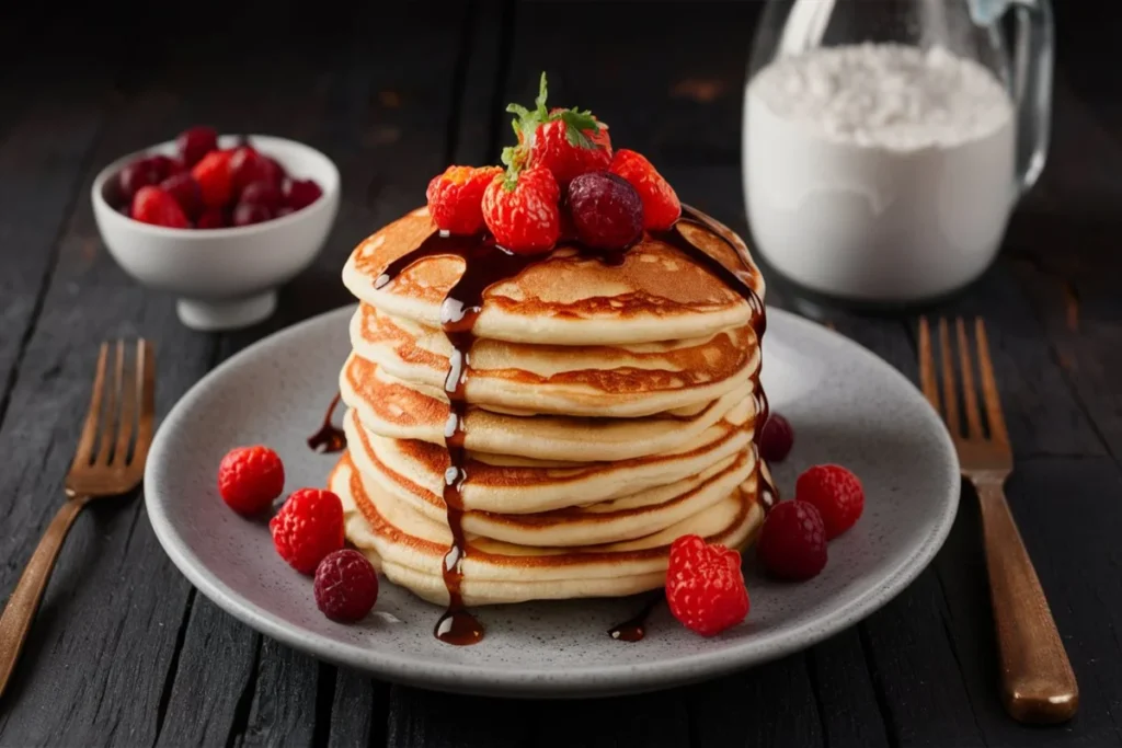 A stack of fluffy pancakes made with homemade pancake mix, topped with butter and drizzled with maple syrup.