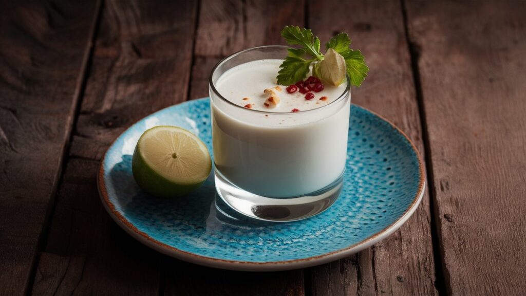 A festive glass of creamy Coquito topped with cinnamon and garnished with a cinnamon stick, surrounded by holiday decorations.