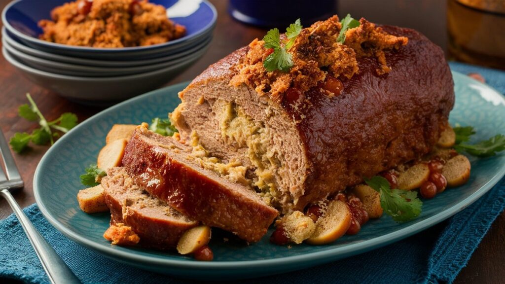 A sliced stove top stuffing meatloaf served with mashed potatoes and green beans on a dinner plate.