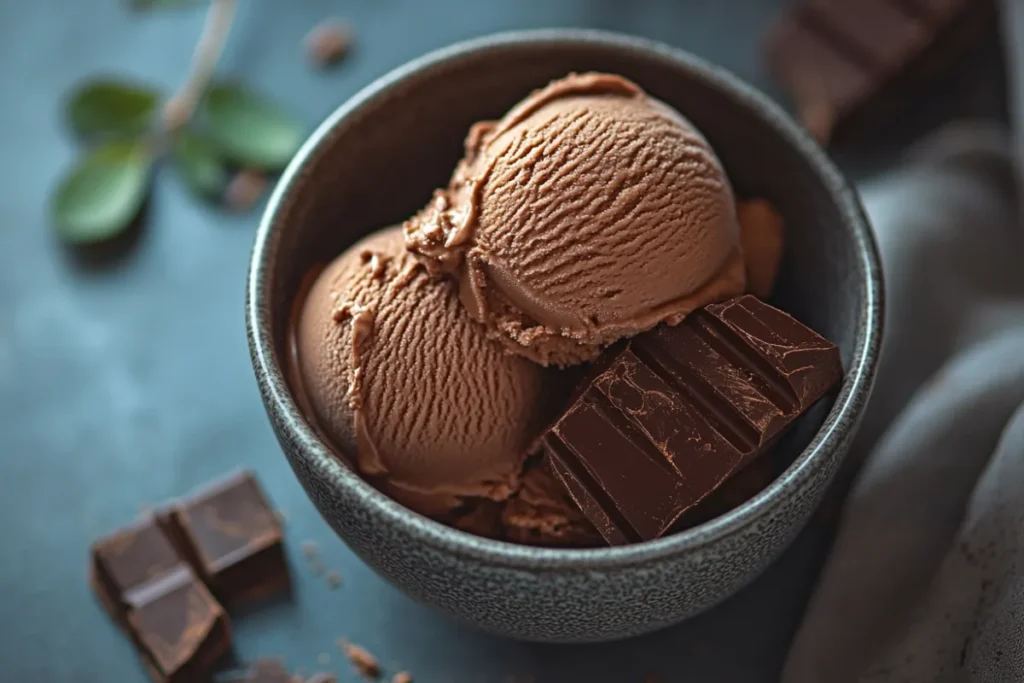 Delicious creamy scoop of chocolate ice cream with rich texture served in a bowl