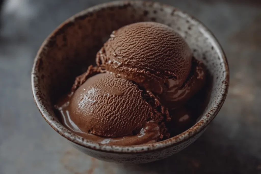 Delicious creamy scoop of chocolate ice cream with rich texture served in a bowl