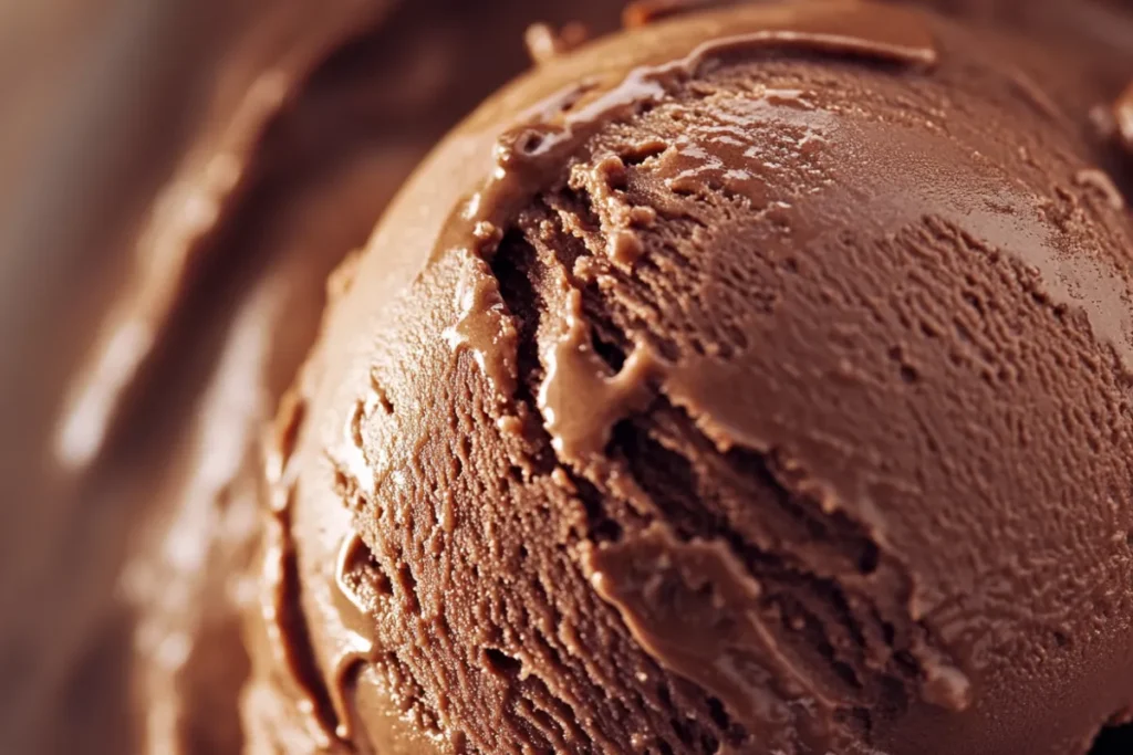 Delicious creamy scoop of chocolate ice cream with rich texture served in a bowl