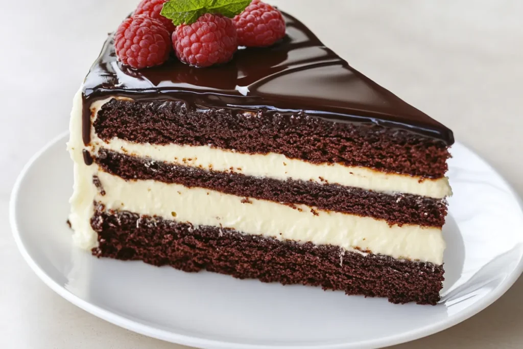 Costco Tuxedo Cake with chocolate and vanilla layers displayed in its tuxedo-style presentation.