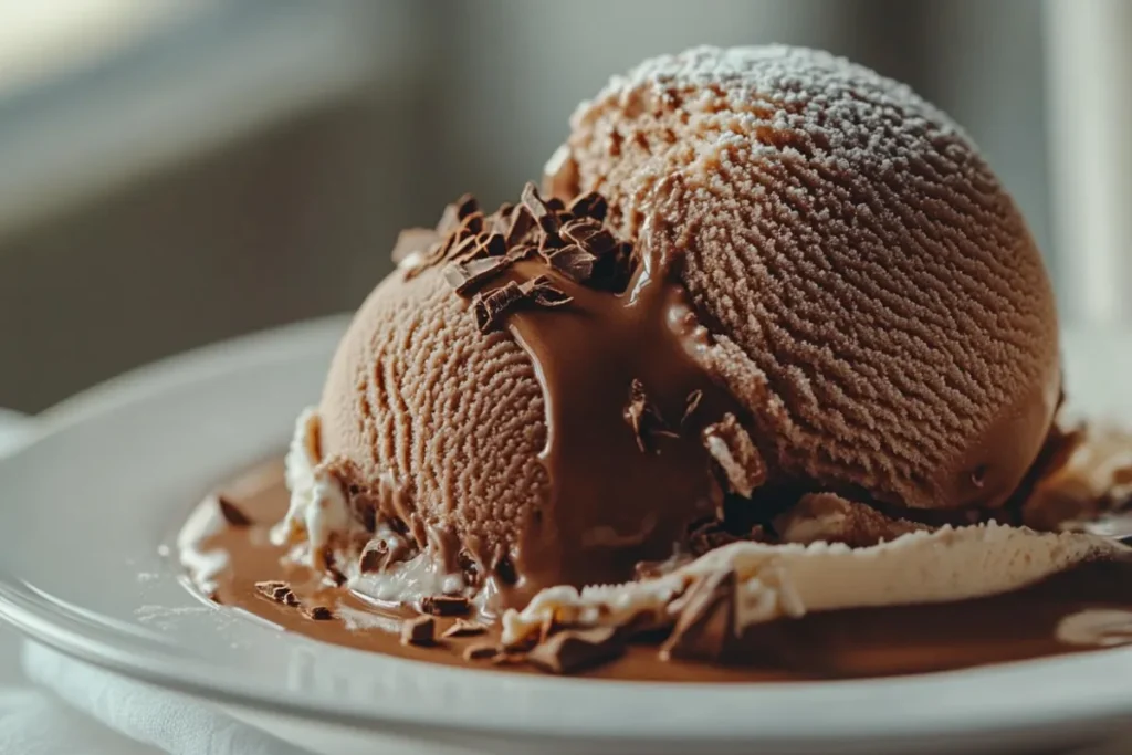 Close-up of chocolate ice cream scoops with cocoa powder next to a vanilla ice cream cone, highlighting the difference between the two