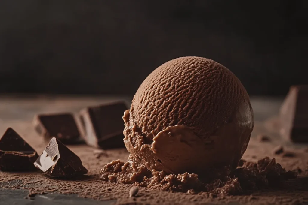 Close-up of chocolate ice cream scoops with cocoa powder next to a vanilla ice cream cone, highlighting the difference between the two