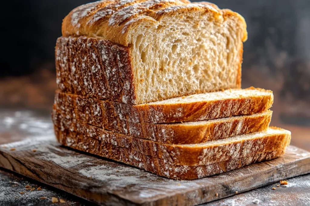 Homemade sandwich bread on a wooden board with a knife, surrounded by fresh ingredients like flour and yeast in a cozy kitchen setting