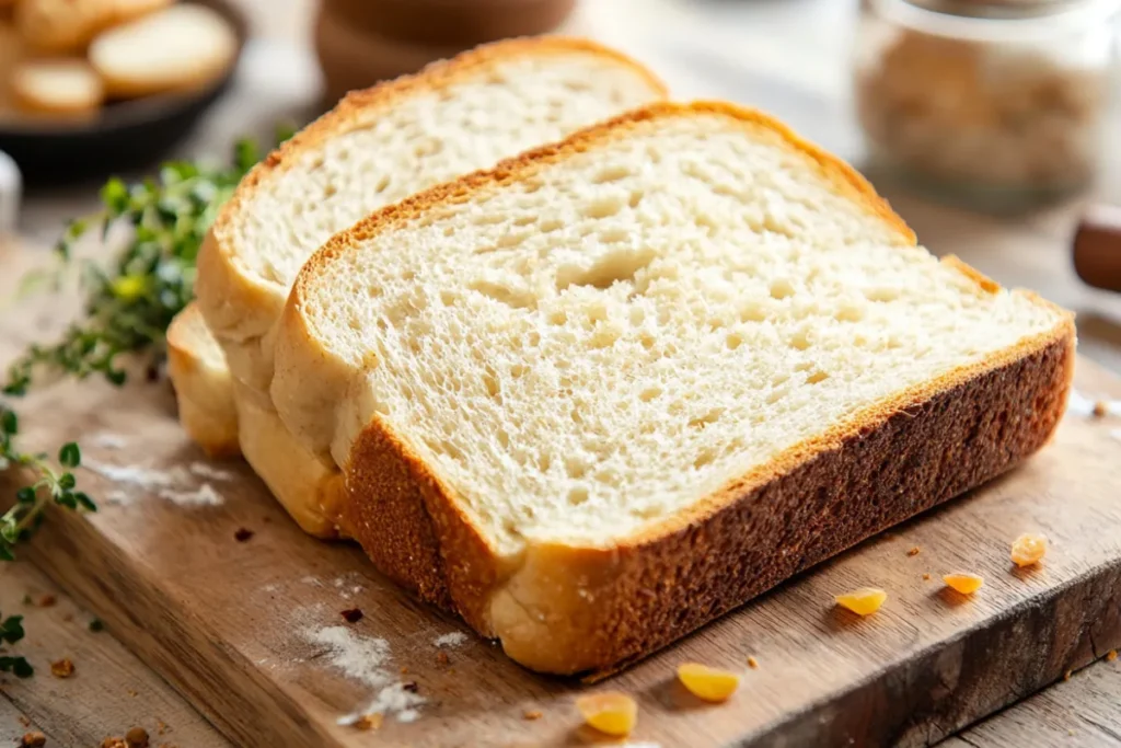 A golden-brown loaf of homemade sandwich bread, sliced and ready to serve, showcasing its soft and fluffy texture