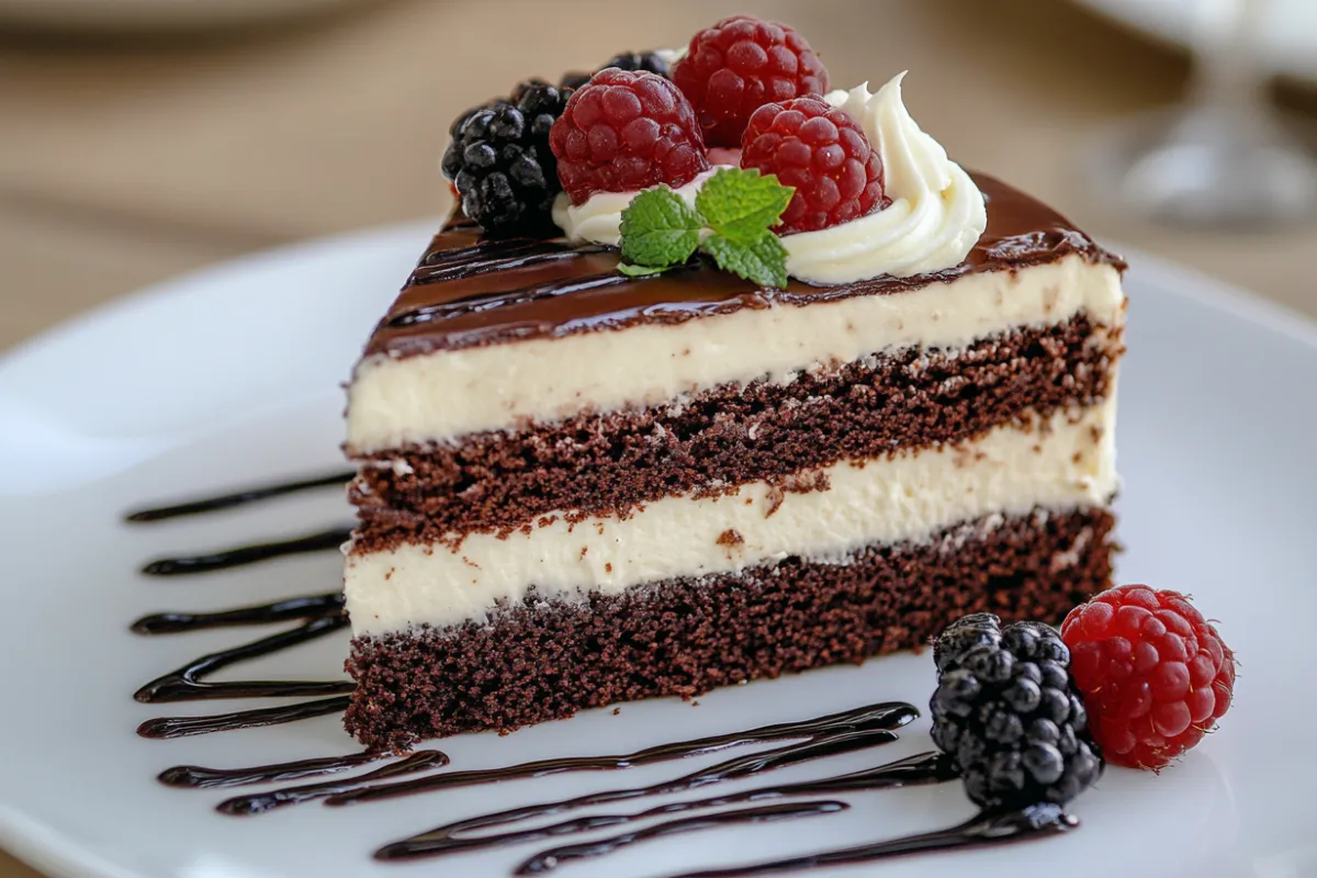 Layered Tuxedo Cake with dark chocolate cake, white chocolate mousse, and chocolate ganache