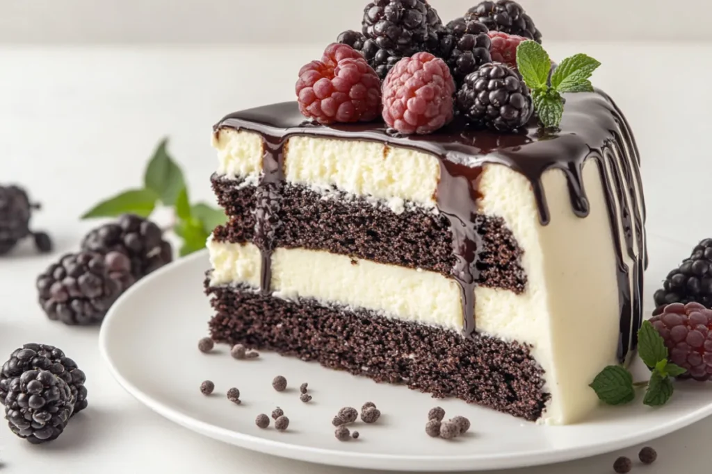 A layered Tuxedo Cake with dark chocolate mousse, white chocolate mousse, and chocolate ganache topping, served on a white plate.