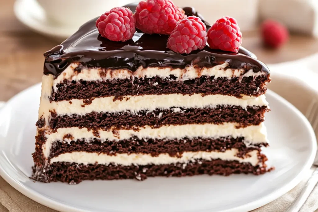 A layered Tuxedo Cake with dark chocolate mousse, white chocolate mousse, and chocolate ganache topping, served on a white plate.