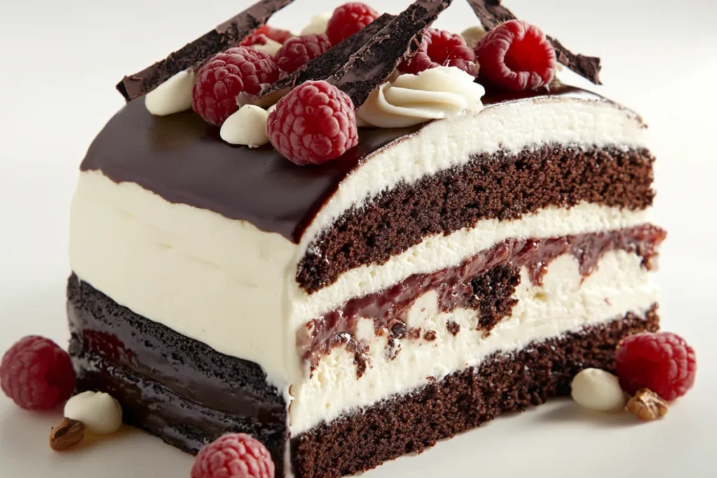 A layered Tuxedo Cake with dark chocolate mousse, white chocolate mousse, and chocolate ganache topping, served on a white plate.