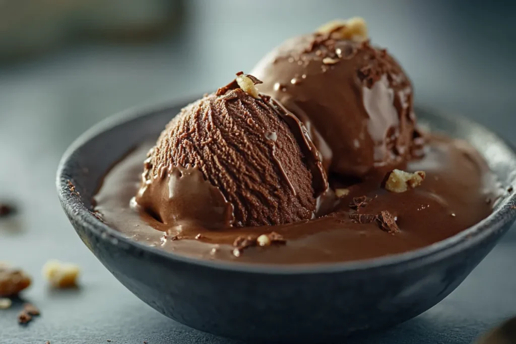 A creamy scoop of Forbidden Chocolate Ice Cream showing its rich, dark chocolate texture and smooth, velvety appearance.