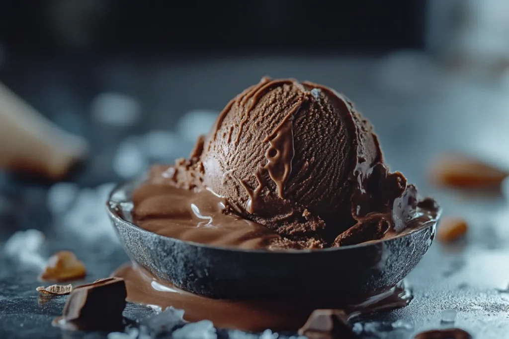 A creamy scoop of Forbidden Chocolate Ice Cream showing its rich, dark chocolate texture and smooth, velvety appearance.