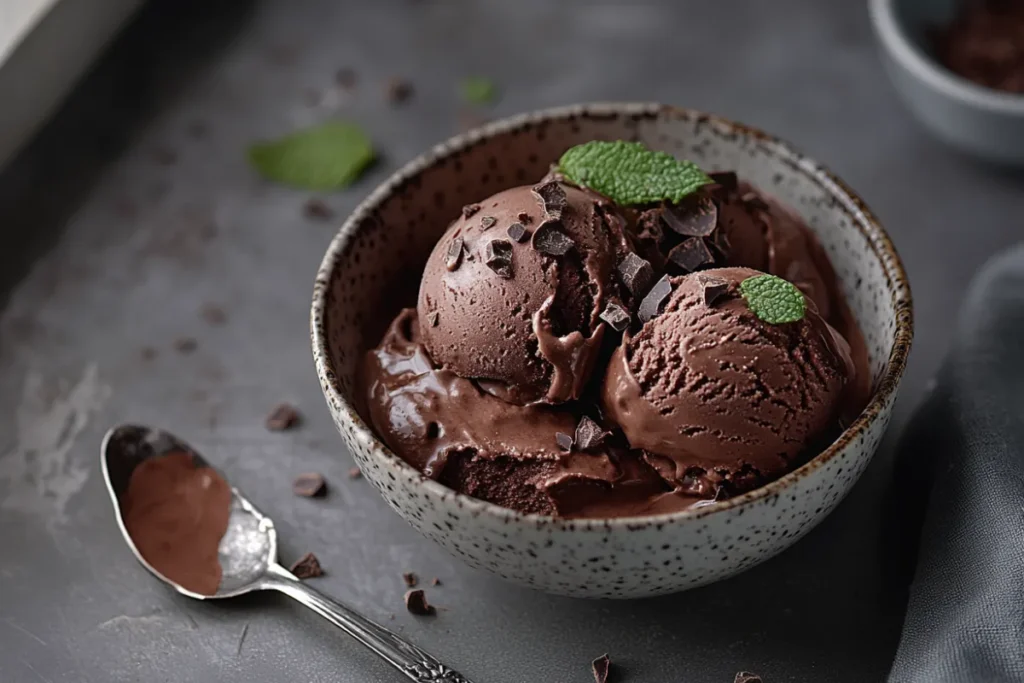 A creamy scoop of Forbidden Chocolate Ice Cream showing its rich, dark chocolate texture and smooth, velvety appearance.